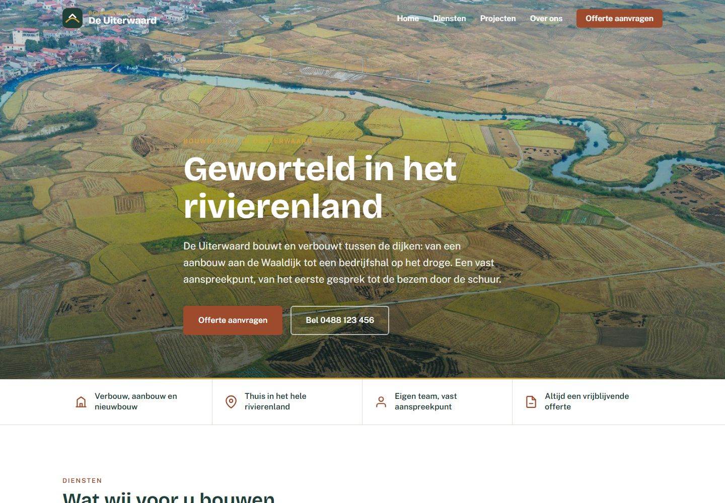 Homepage van het voorbeeldontwerp voor bouwbedrijf De Uiterwaard
