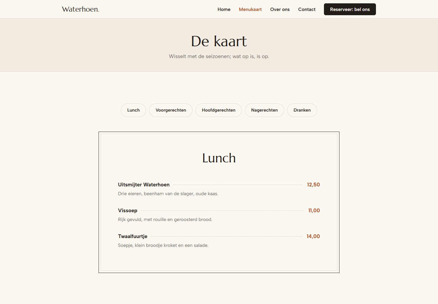 Voorbeeldontwerp voor een brasserie: menukaartpagina met ronde categorieknoppen en een omkaderde lunchkaart
