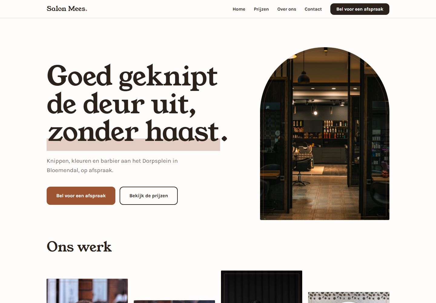 Homepage van het voorbeeldontwerp voor kapsalon Salon Mees