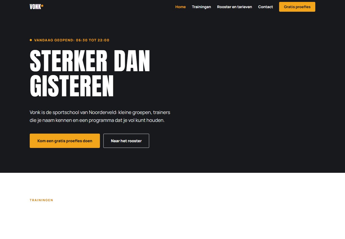 Voorbeeldontwerp voor een sportschool: donkere homepage met een grote witte kop, openingstijden en een oranje proefles-knop